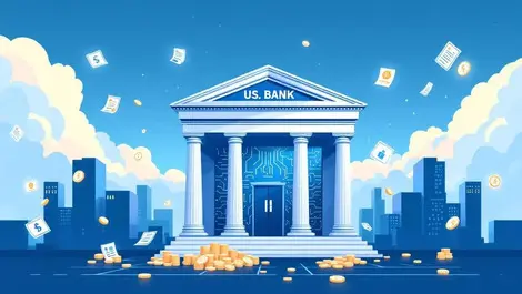 Modern us bank ai circuit facade with coins and docs under blue sky
