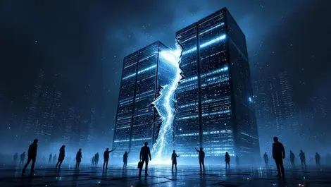 Moody corporate cloud data center breach glowing cubes leaking