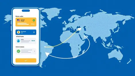 Smartphone money transfer between us and overseas wallets map blue