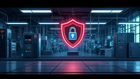 Industrial factory hospital server room cybersecurity shield