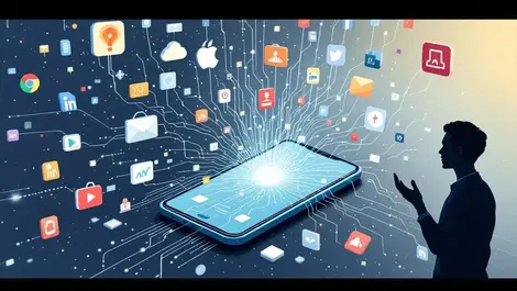 Worried employee smartphone workplace app icons office privacy breach digital illustration