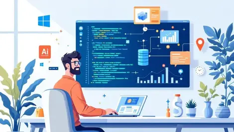 Focused software engineer digital workspace laptop ai agent nodes software illustration