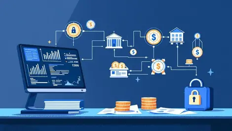 Professional calmdigital illustration bank treasurer desk ledger vault icons finance