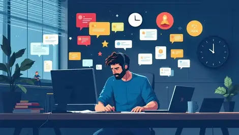 Stress it support agent night office home notification screens digital illustration