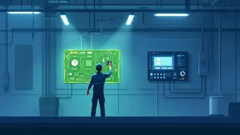 Subtle warning technician control room iot gateway industrial digital illustration